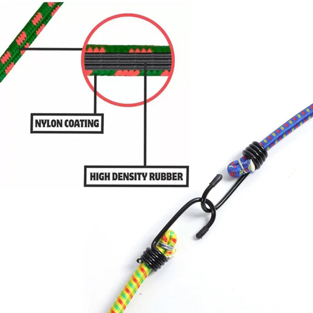 Flexible elastic luggage tying rope neatly coiled on a clean white background.