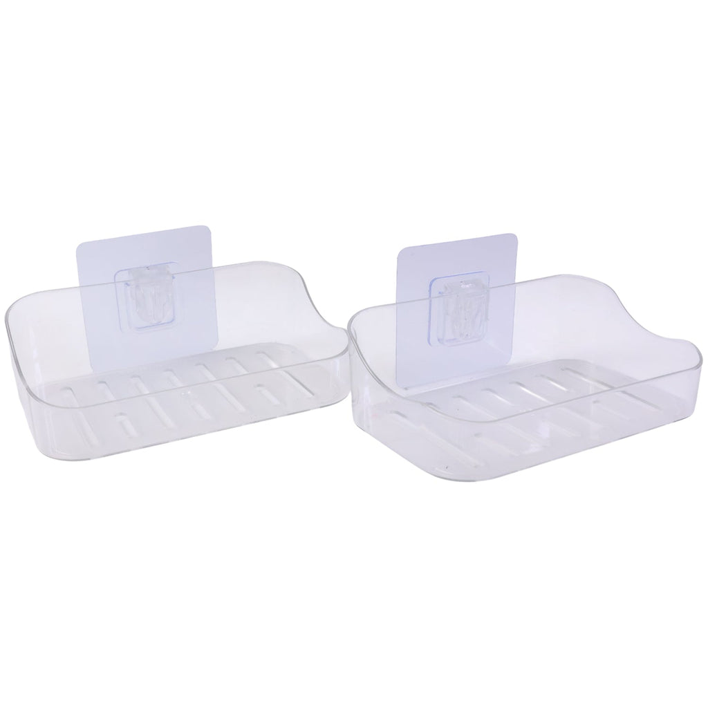 Wall-mounted transparent soap holder installed near kitchen sink for sponge and soap