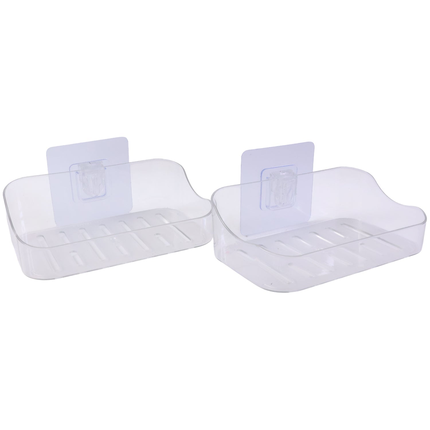 Wall-mounted transparent soap holder installed near kitchen sink for sponge and soap