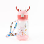 Kids cartoon themed straw sipper water bottle with detachable strap
