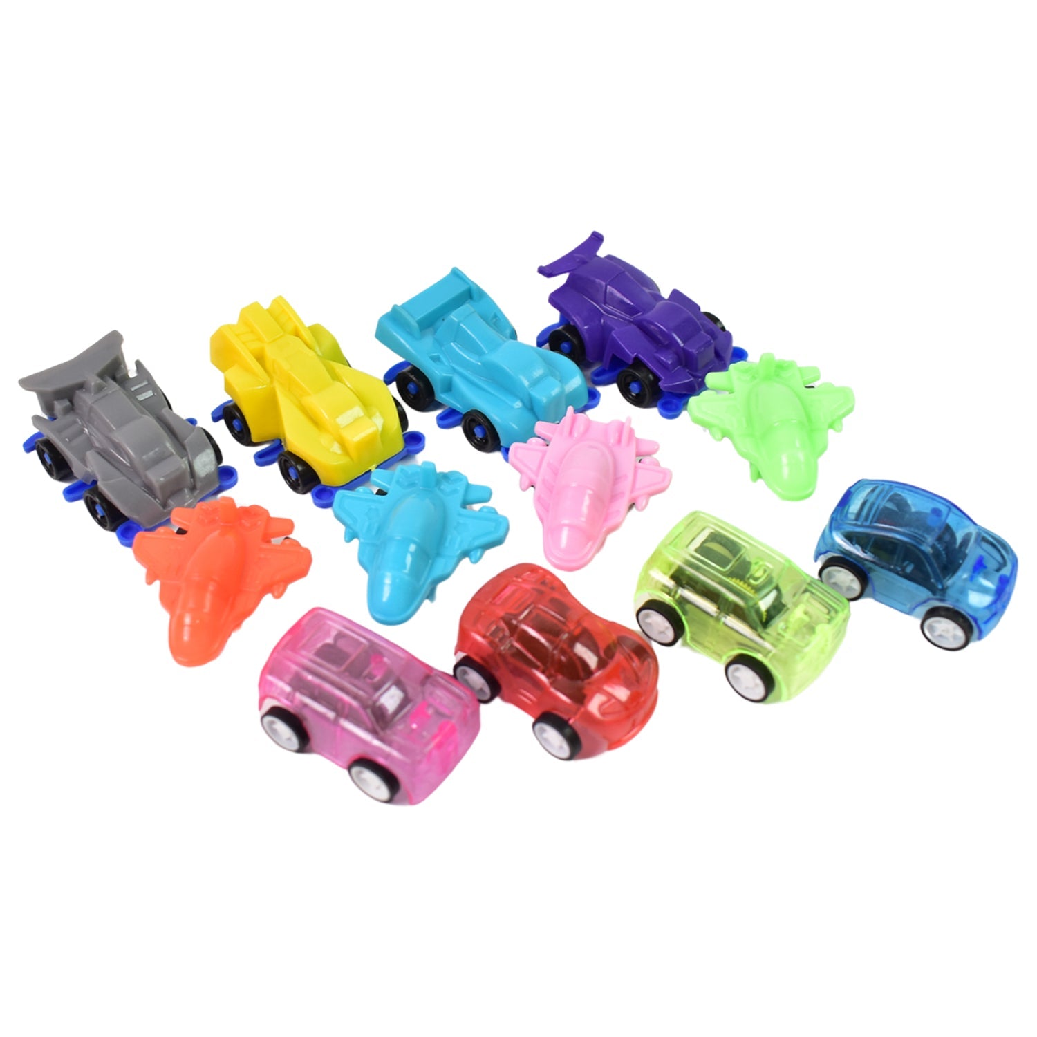 Variety of miniature pull back cars and aeroplanes in different colors.