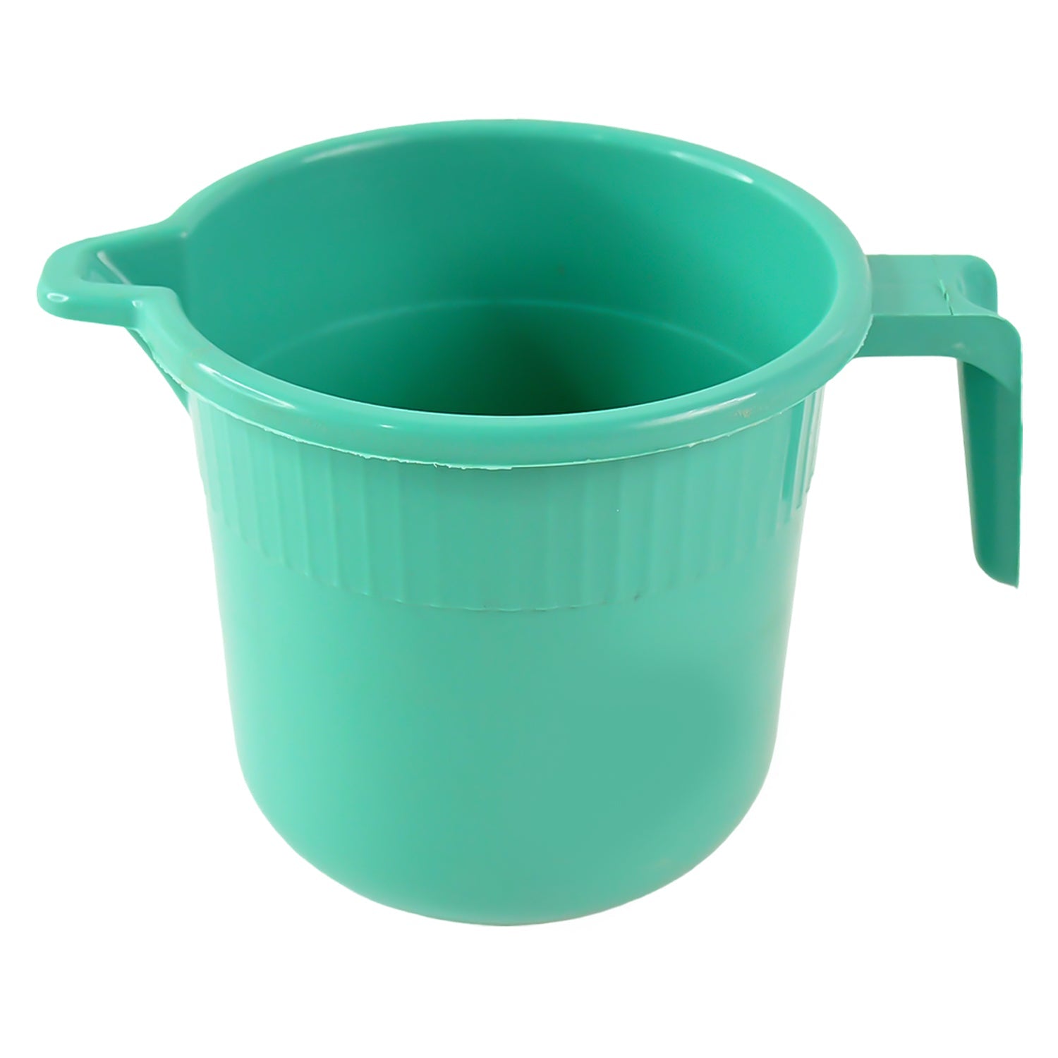 Stable wide base of durable plastic bath mug preventing tipping