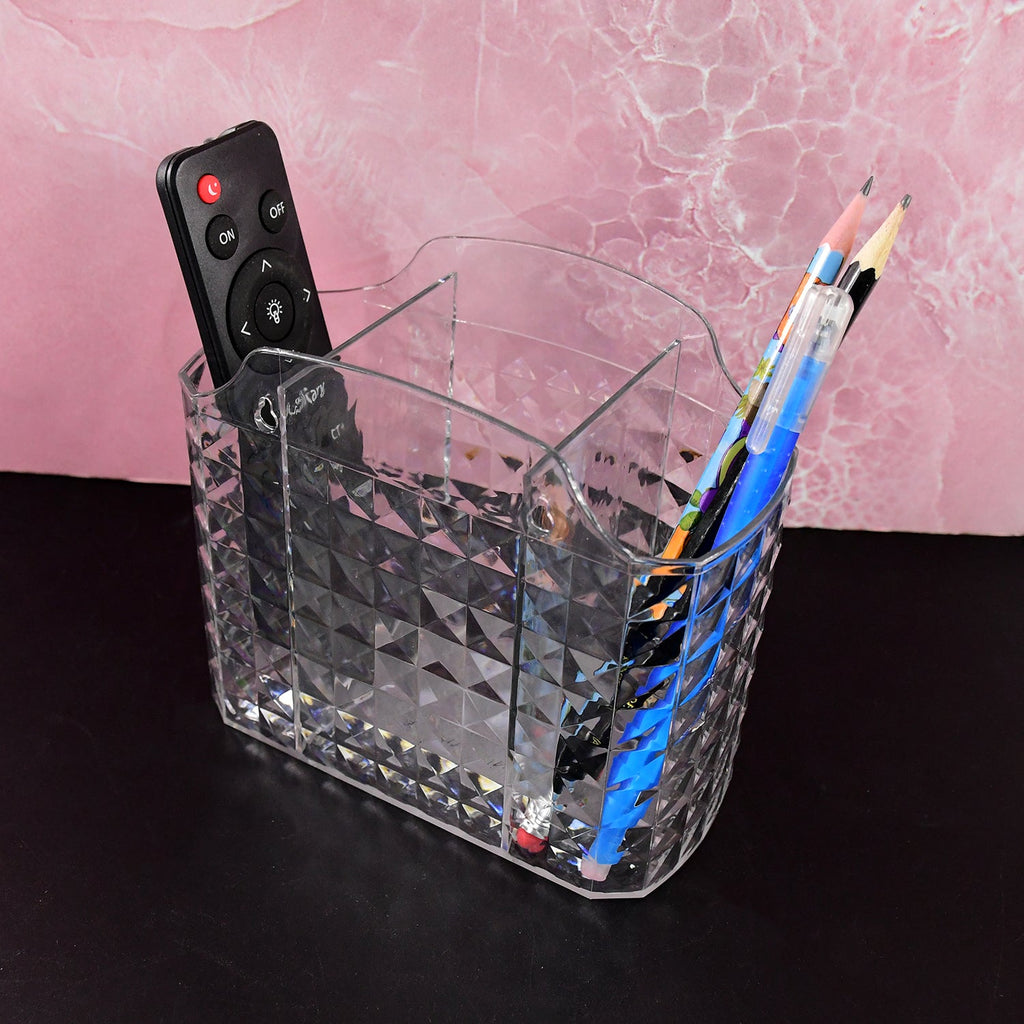 Close-up view of crystal-clear multipurpose organizer holder with compartments