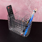 Close-up view of crystal-clear multipurpose organizer holder with compartments