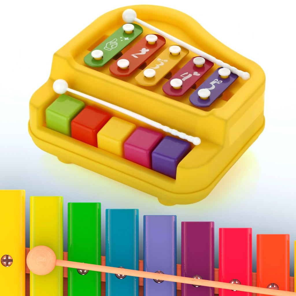 Side angle of the Little Learners musical toy, featuring the piano and xylophone.