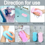 VelvaBloom exfoliating sponge resting on a clean bathroom surface.