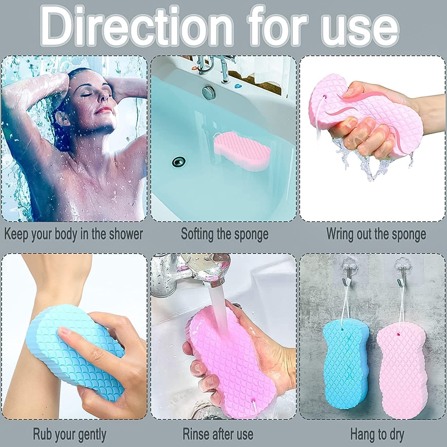 VelvaBloom exfoliating sponge resting on a clean bathroom surface.