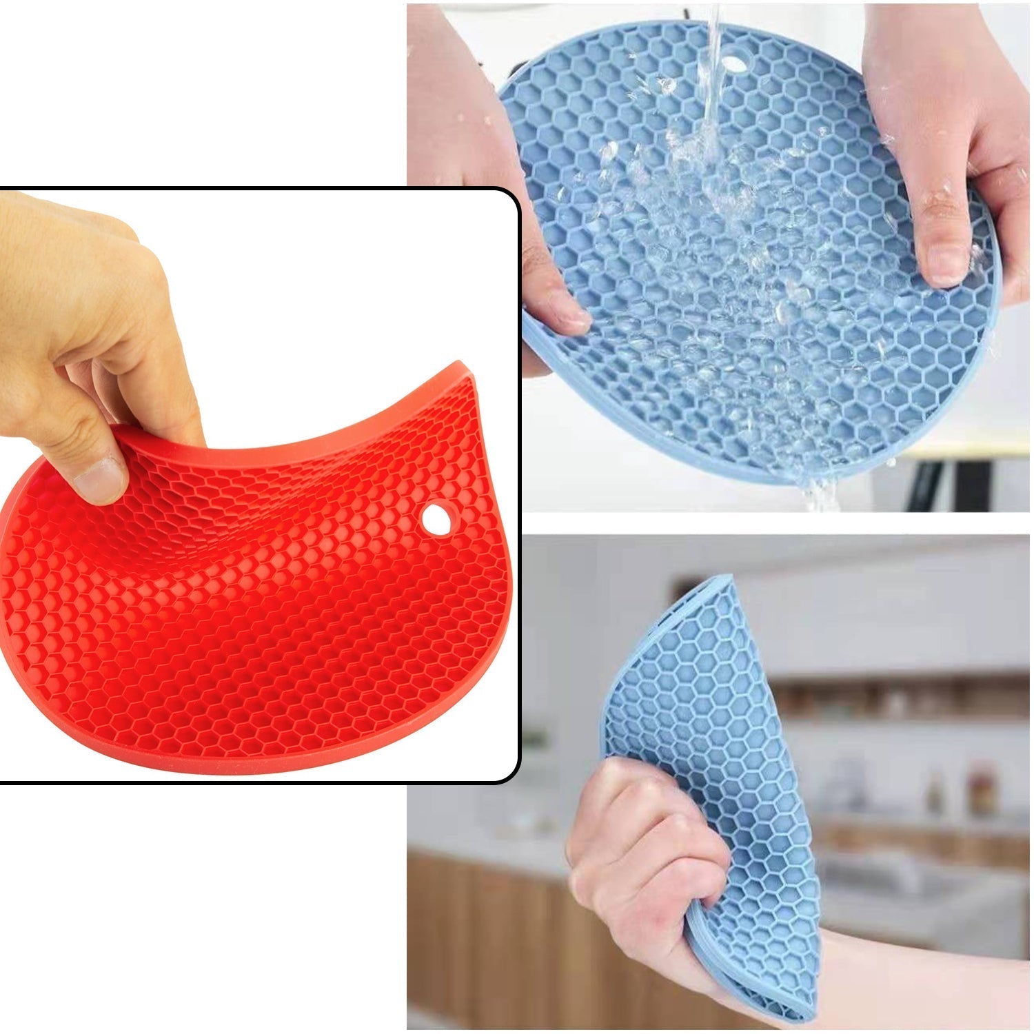 Stylish silicone trivet hot pad placed on a modern kitchen counter.