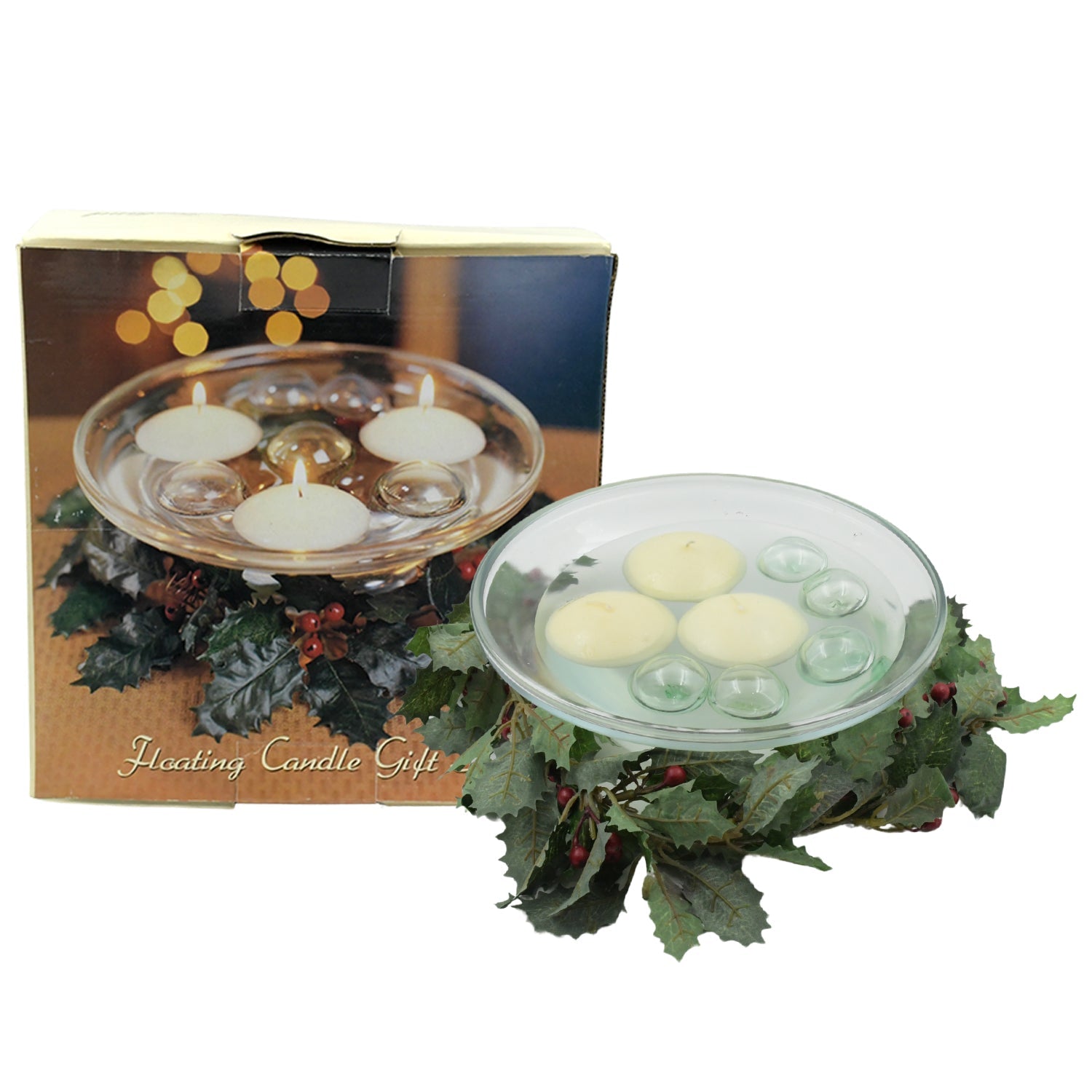 Romantic table setting with floating candle holder centerpiece.
