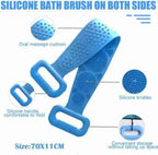 Person using the silicone back scrubber to reach difficult areas.