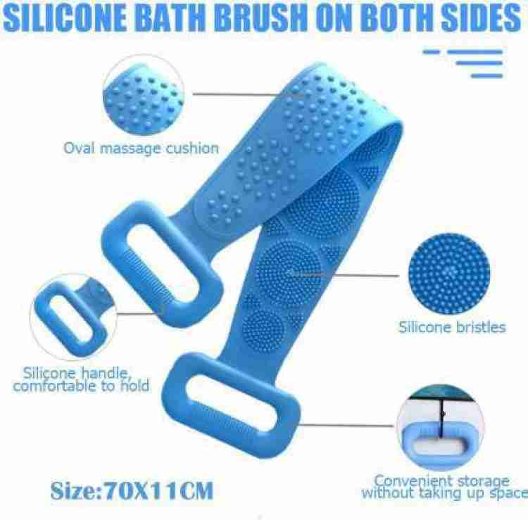 Person using the silicone back scrubber to reach difficult areas.