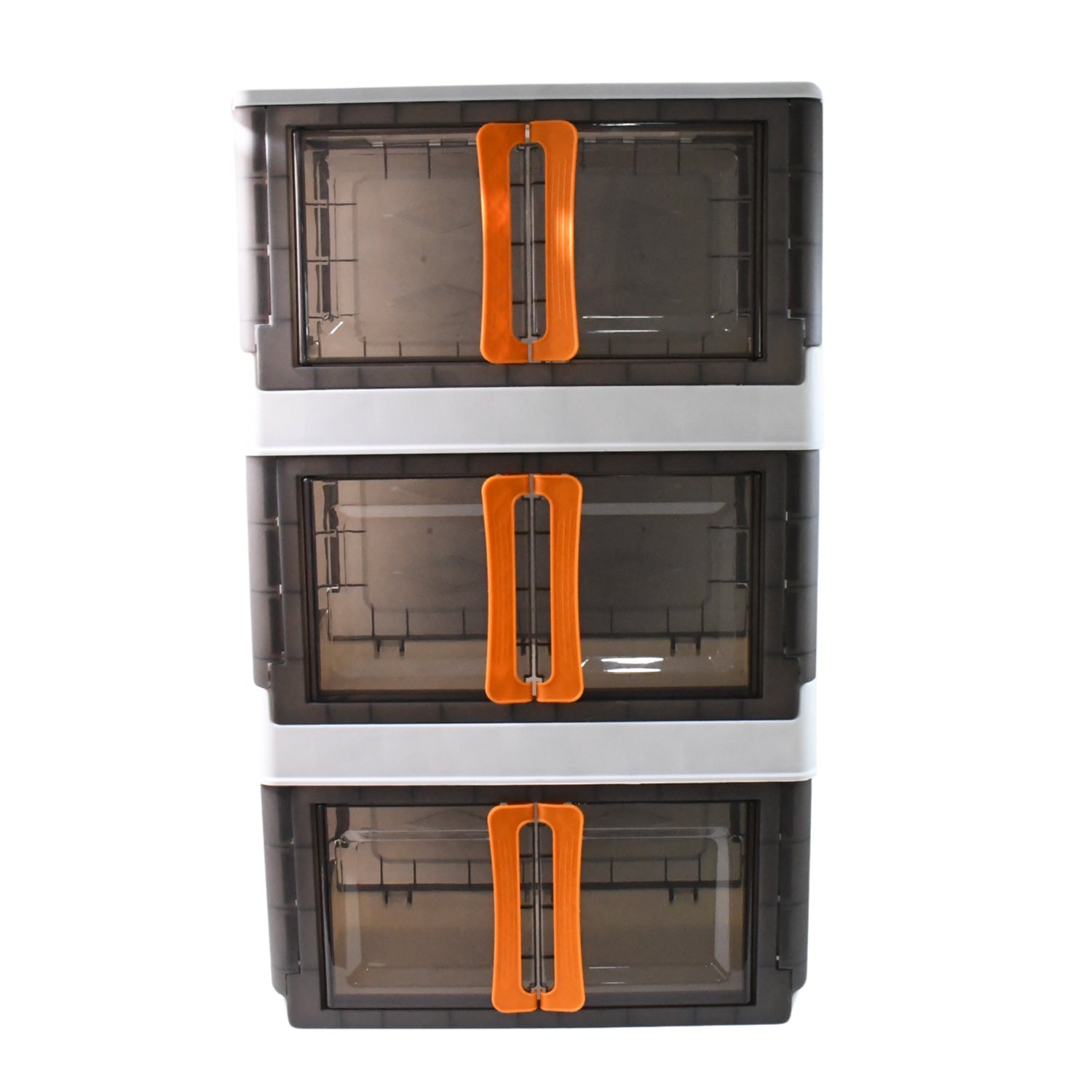 Plastic folding storage organizer with top lid open revealing convenient interior space.