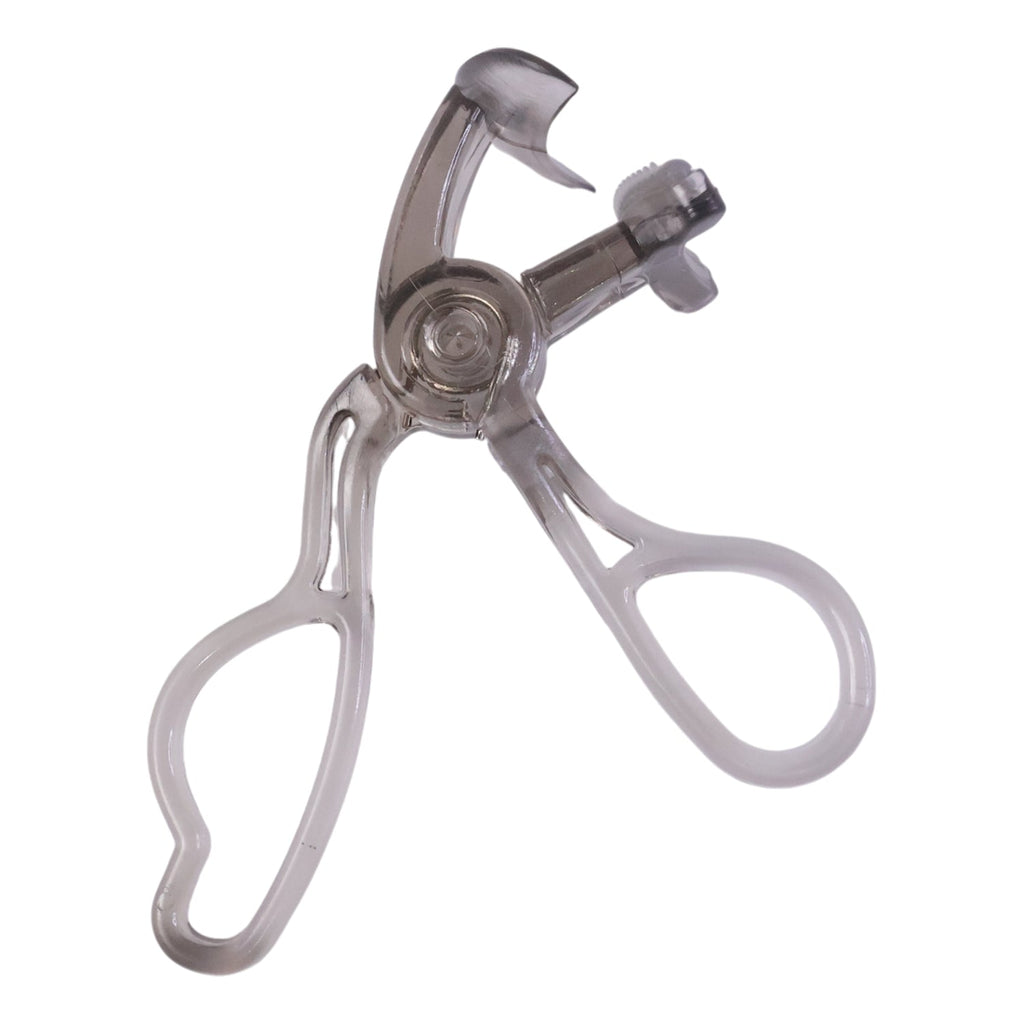 Compact eyelash curler with clear plastic body for easy visibility