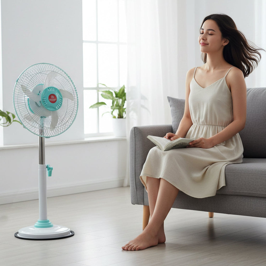 Modern indoor setting with pedestal fan in living room