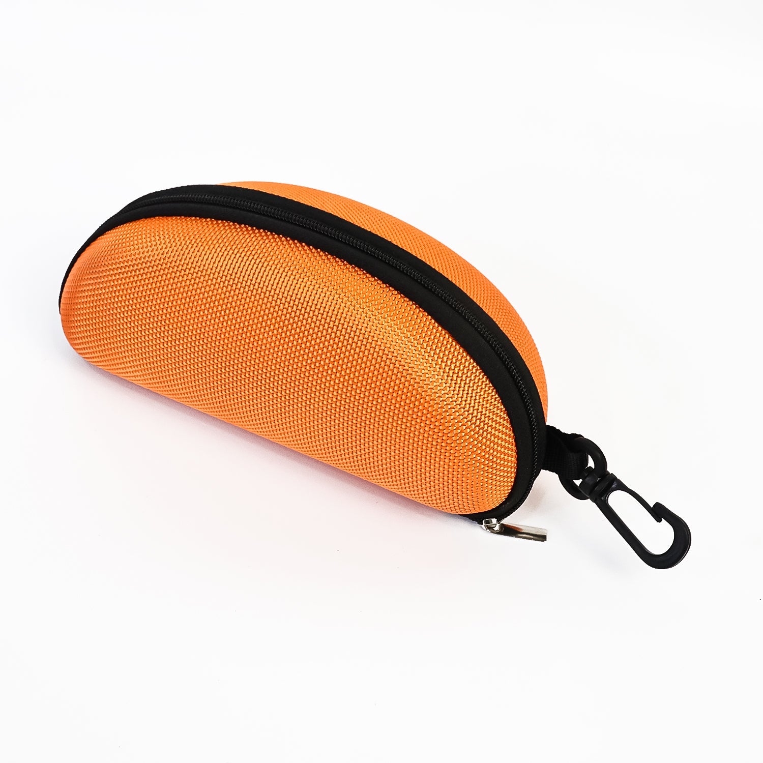 The black zipper sunglasses case with a pair of eyeglasses inside, illustrating its protective storage.