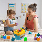 The complete Baby Shape Sorter Toy set with its storage bucket and various blocks.