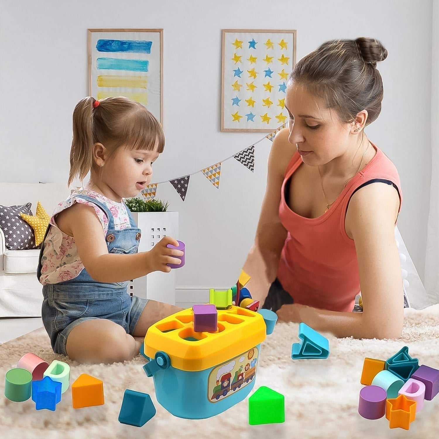 The complete Baby Shape Sorter Toy set with its storage bucket and various blocks.