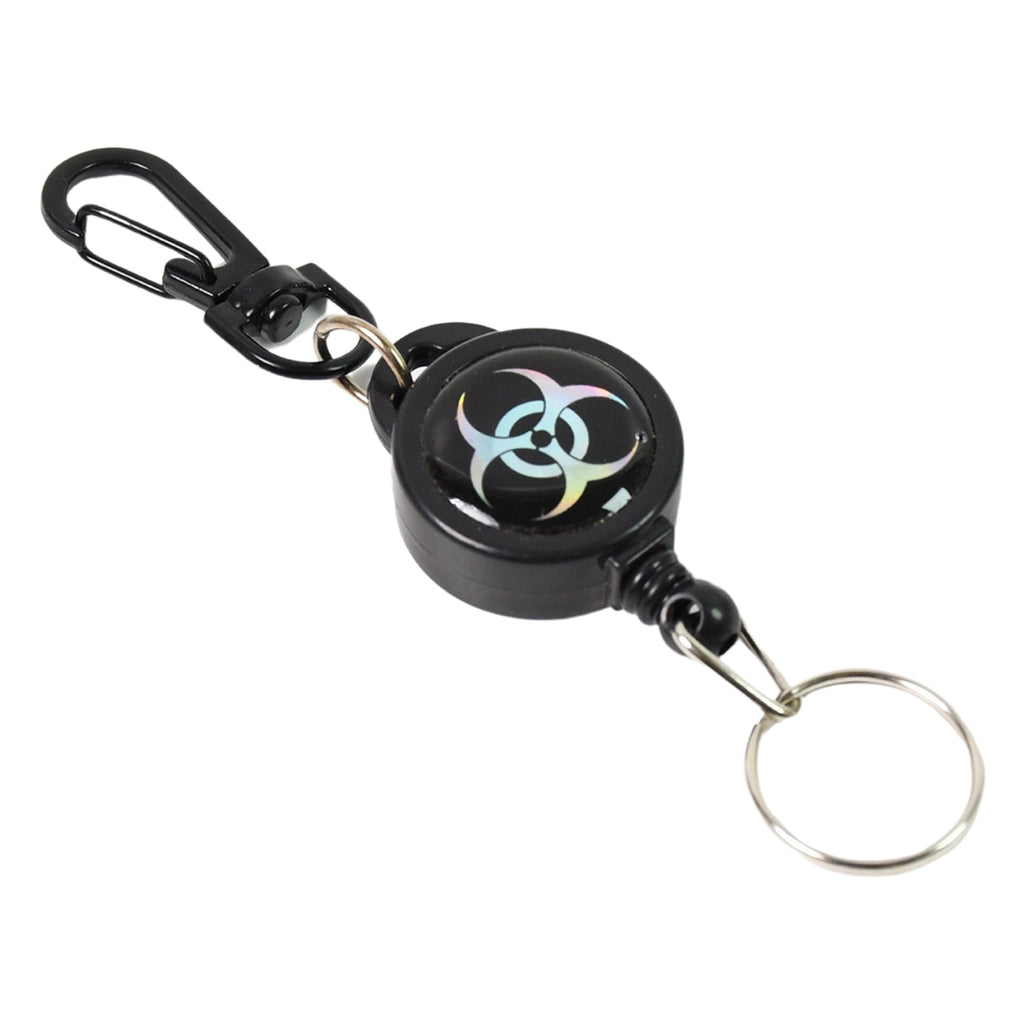 Anti-lost retractable key reel with strong nylon-coated steel wire extended.