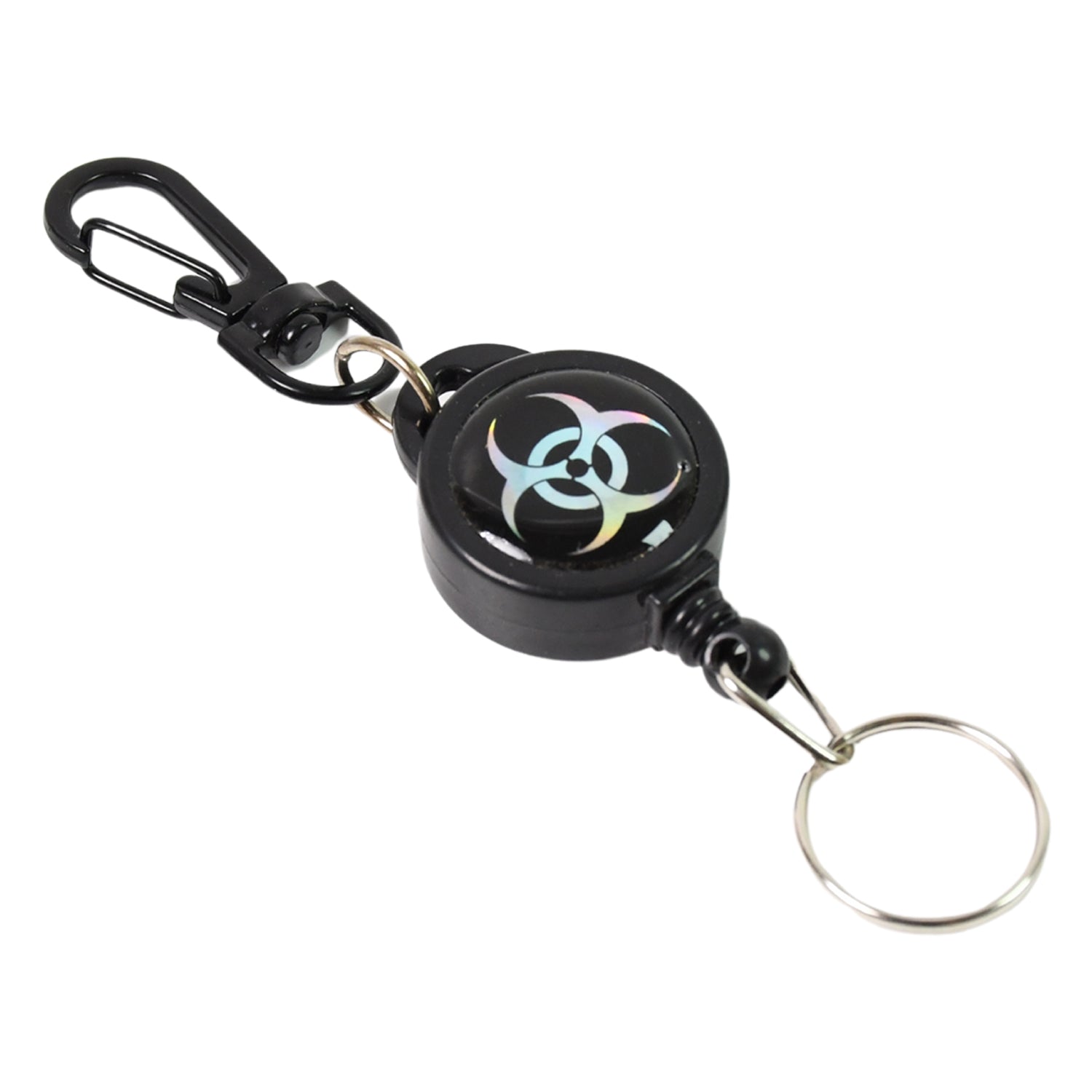 Anti-lost retractable key reel with strong nylon-coated steel wire extended.