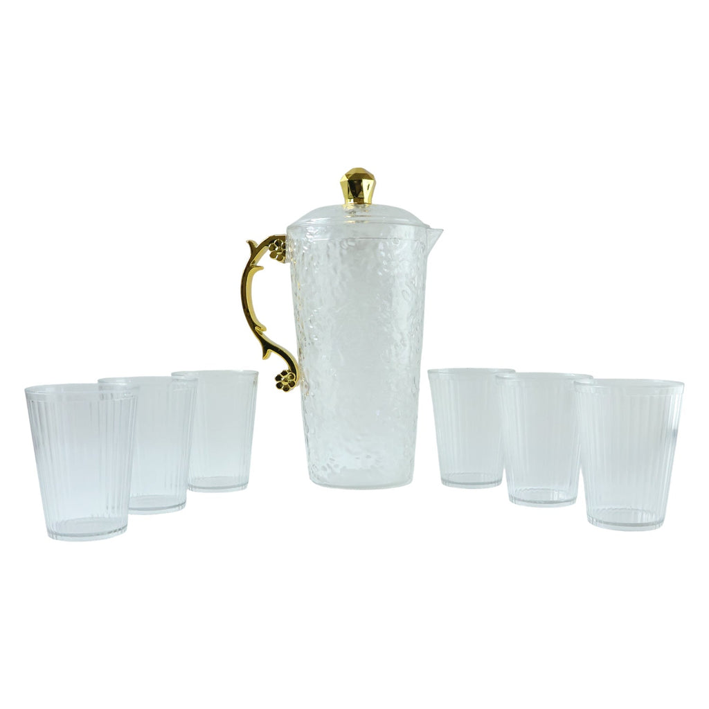 Six textured drinking glasses accompanying the elegant glass water jug set