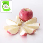 Side view of apple cutter container capturing sliced fruit pieces