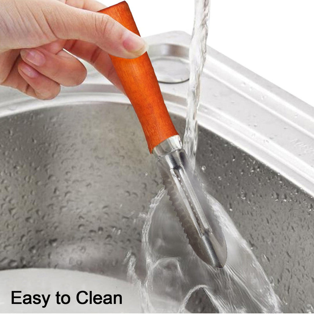 Ergonomic wooden handle vegetable peeler with a gleaming stainless steel blade.