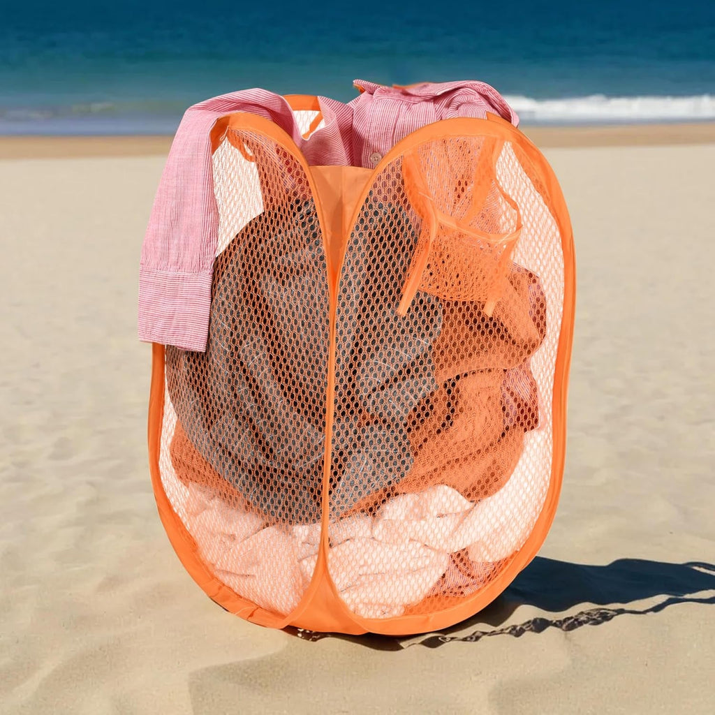 Mesh laundry basket with sturdy steel wire frame to maintain shape