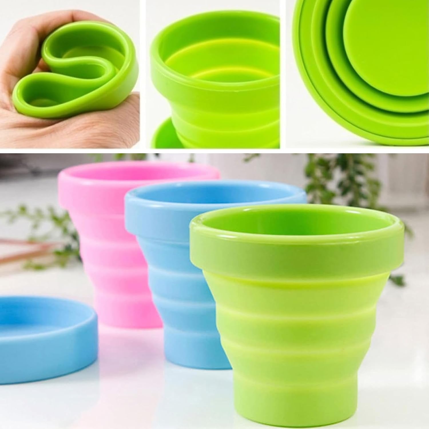 Collapsible silicone travel cup in its compact, folded state.