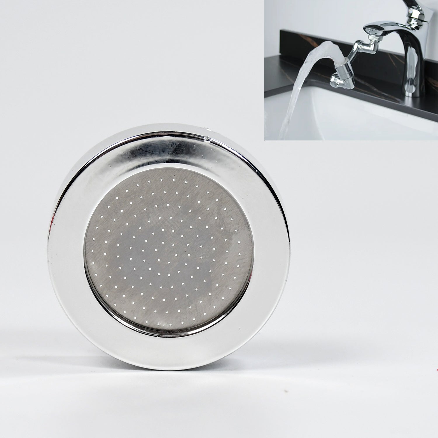 Man using the water-saving faucet sprayer for daily bathroom tasks.