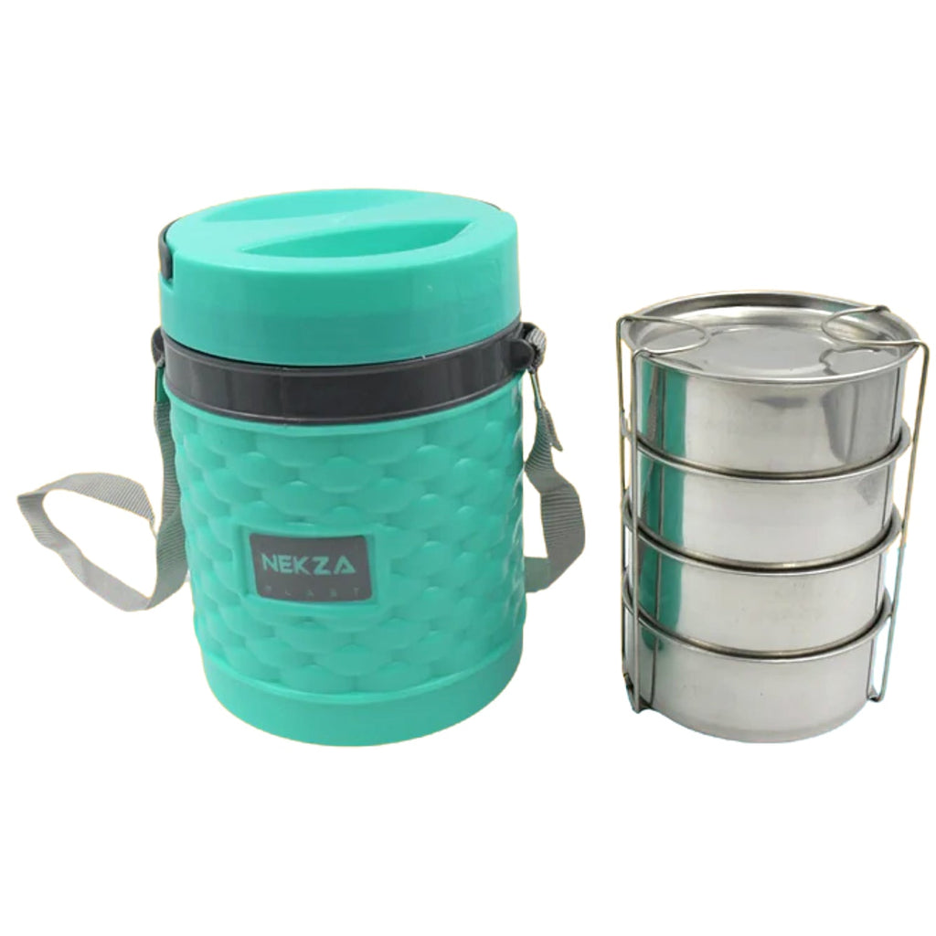 Nekza insulated tiffin with dimensions displayed, demonstrating its compact size.