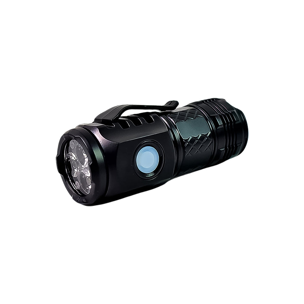 Durable mini rechargeable LED torch shown from an angled front view.