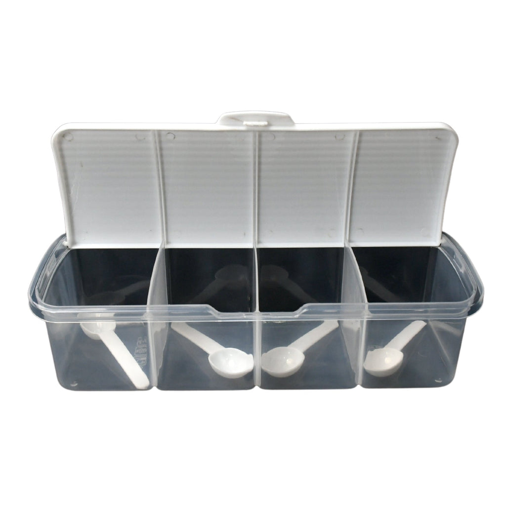 Kitchen countertop organized with the Tidy Table 4-section storage container.