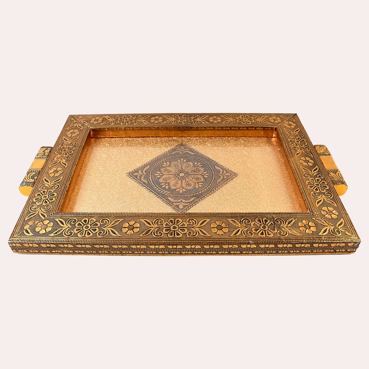 Premium wooden Rajwadi decorative tray with ornate golden finish