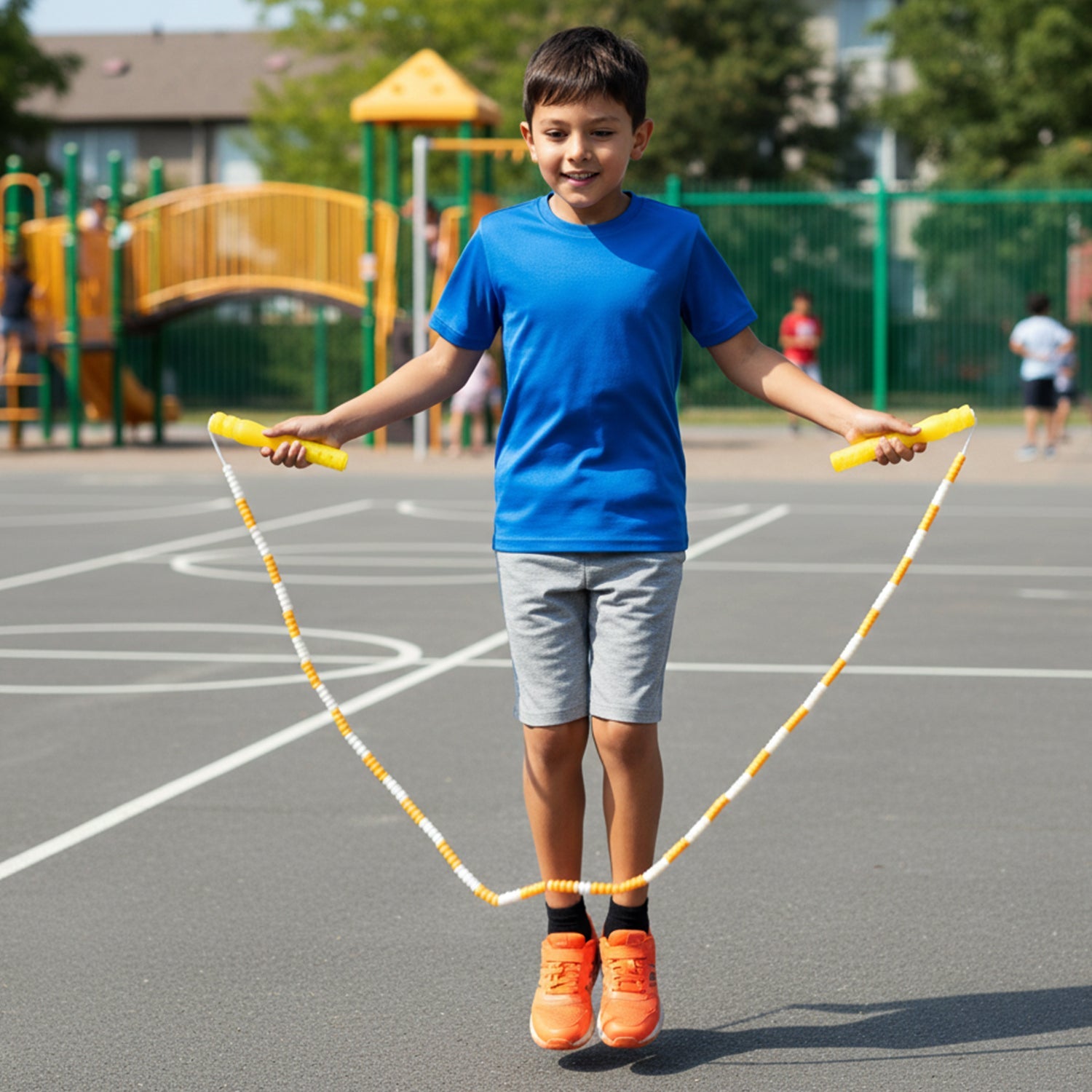 Close-up of yellow and white beaded skipping rope for boys and girls