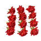 The complete 12-piece set of red rose hair accessories, ready for styling.