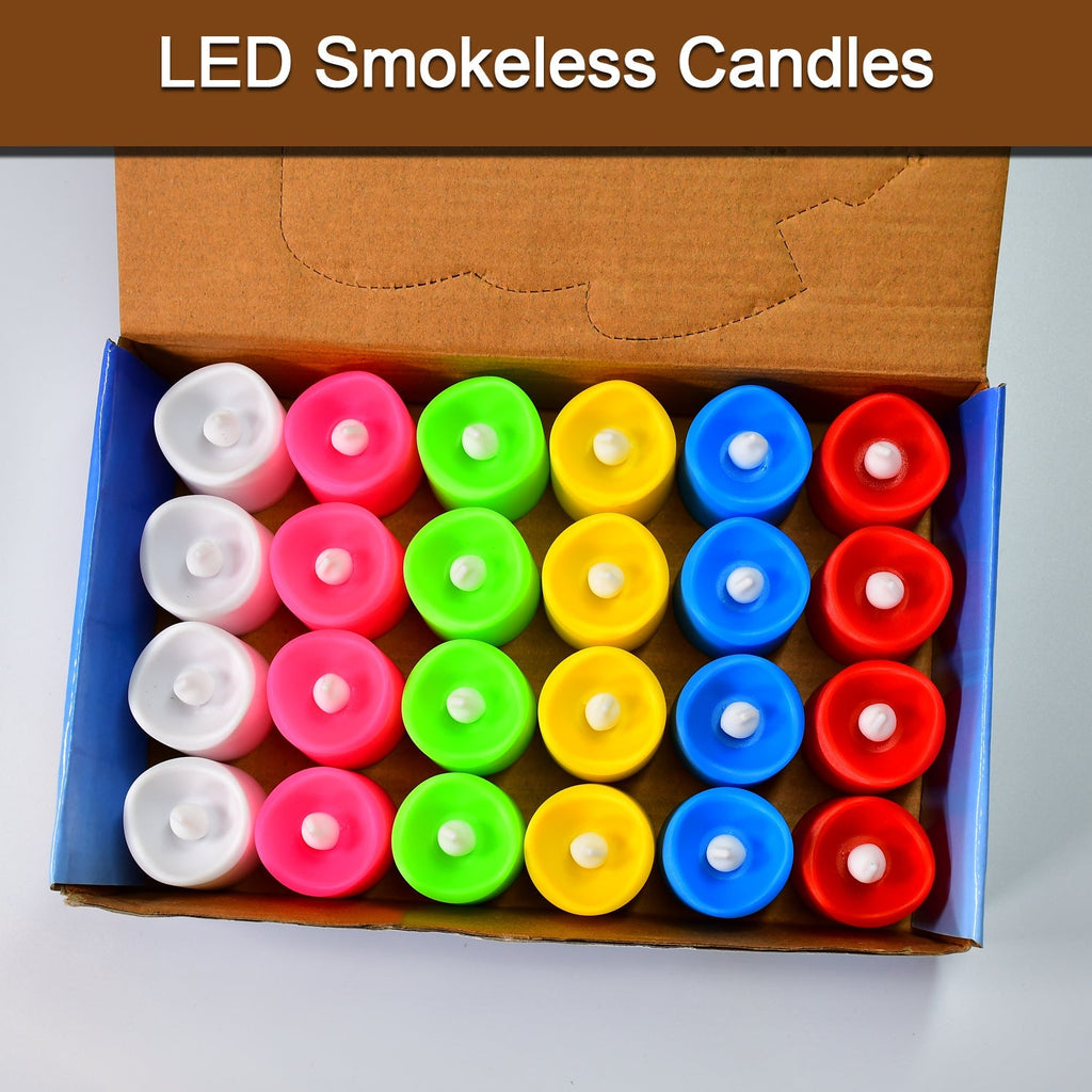 Pack of 24 battery operated LED tealight candles showcasing their multicolor glow.