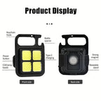Versatile keychain light with a collapsible stand and integrated bottle opener.