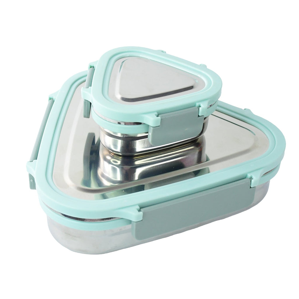 Side view of Ganesh Trinity triangle stainless steel lunch box containers