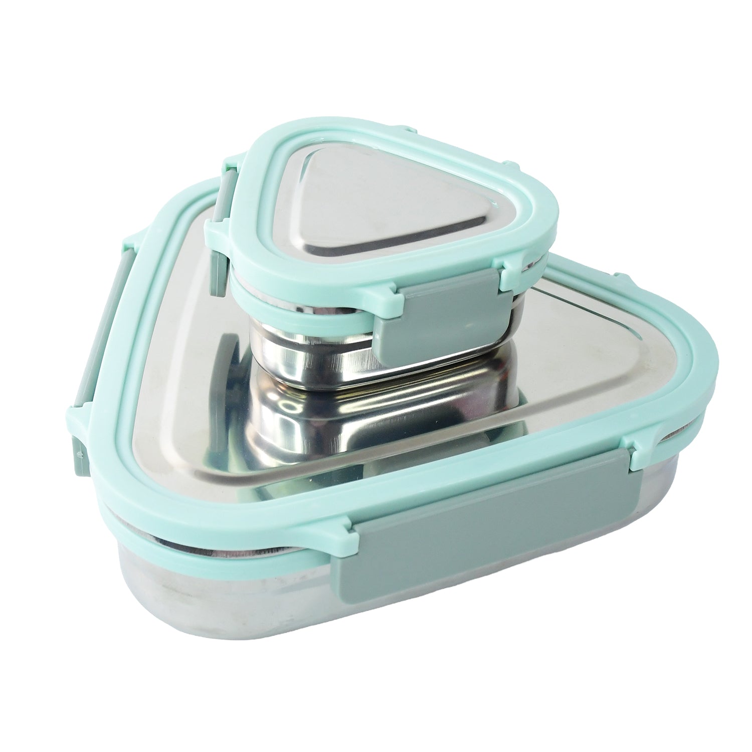 Side view of Ganesh Trinity triangle stainless steel lunch box containers