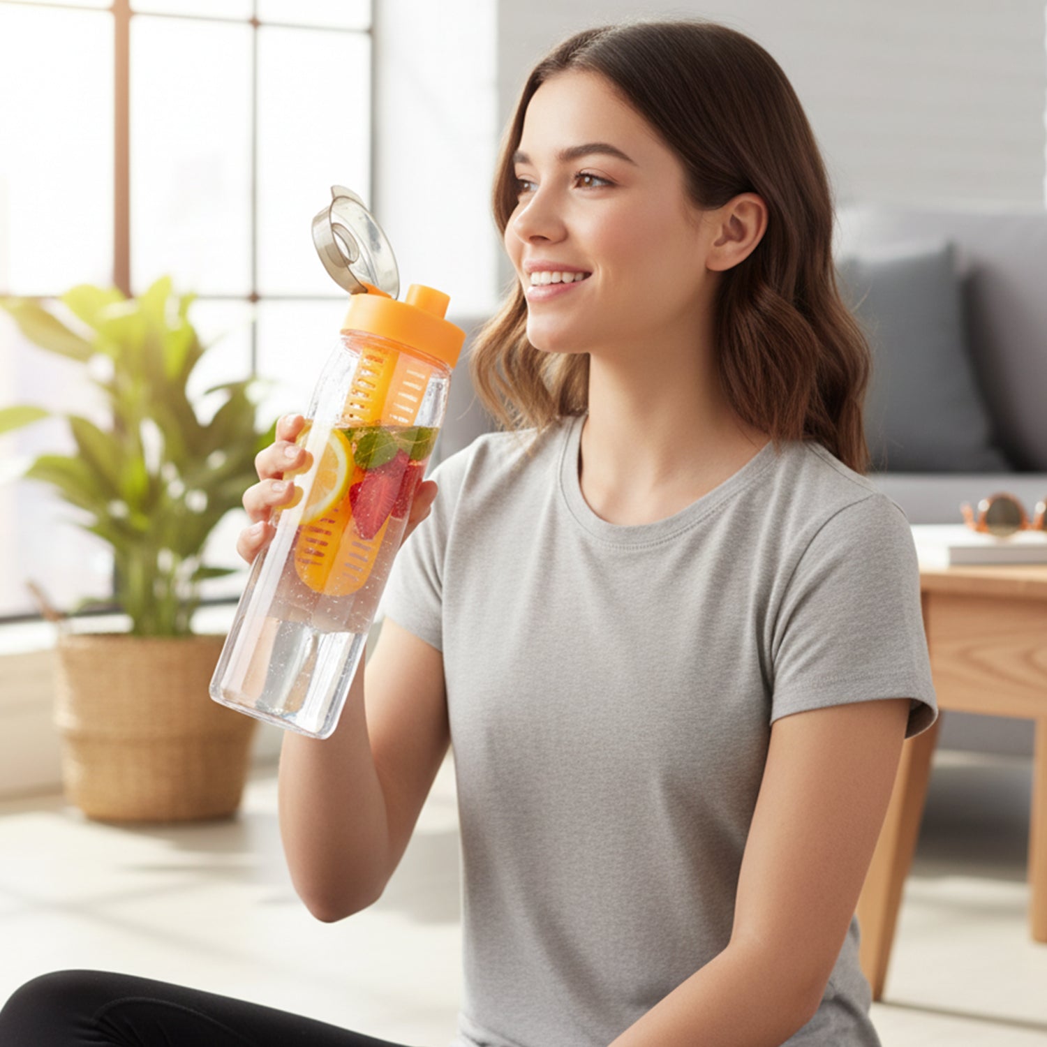 Easy-to-clean infusion water bottle in clear plastic with orange accents