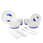 Premium table setting featuring the 36-piece plastic dinner set with blue flowers