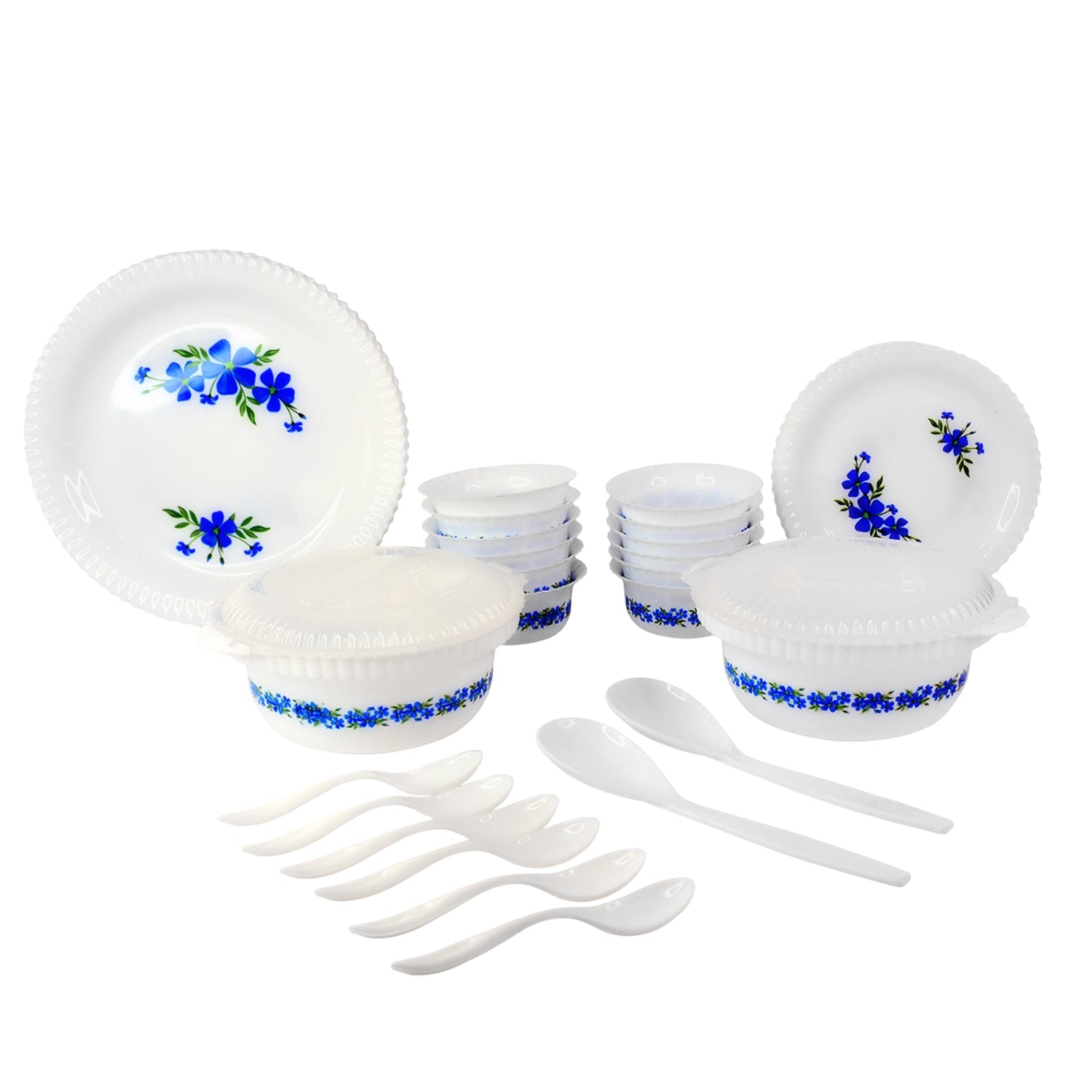 Premium table setting featuring the 36-piece plastic dinner set with blue flowers