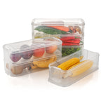 Transparent food-grade plastic fridge storage containers with secure blue lids on a kitchen counter.