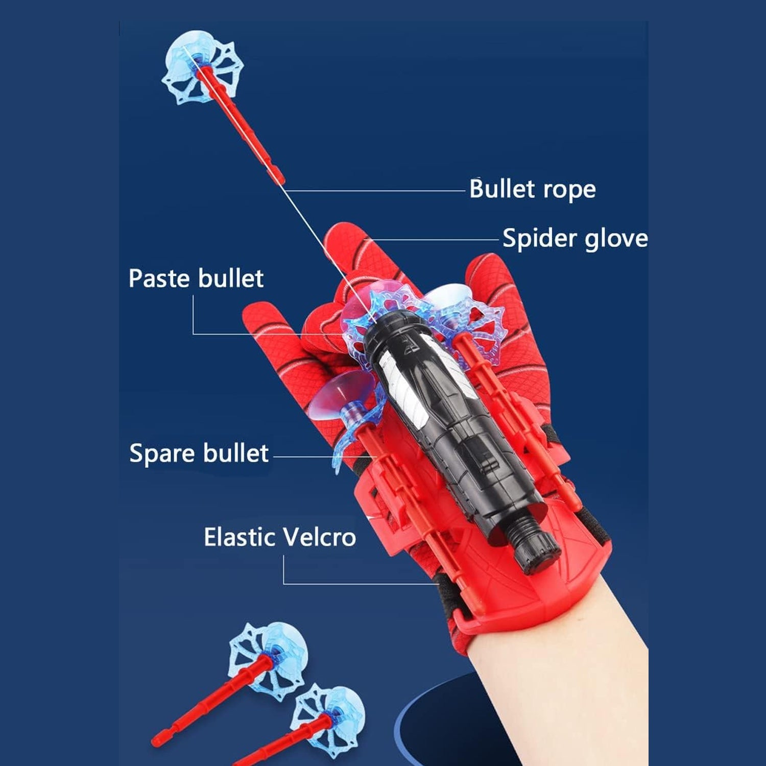The complete Web Shooter Toy set includes a launcher glove and multiple suction cup projectiles.