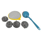 Handheld stainless steel scrubber with ergonomic plastic handle cleaning kitchen surfaces