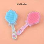 Close-up of a cartoon hair brush, demonstrating its flexible bristles for a comfortable scalp massage.
