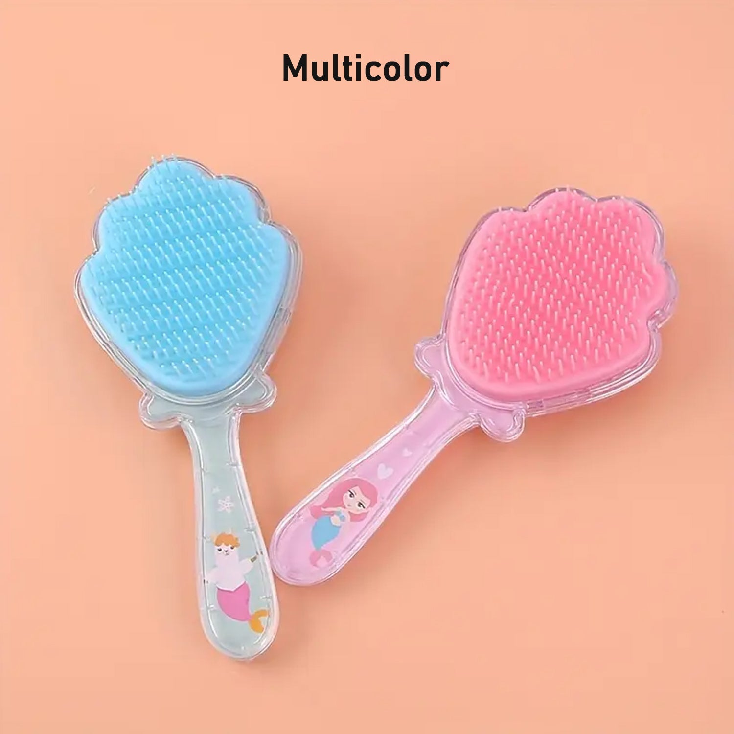 Close-up of a cartoon hair brush, demonstrating its flexible bristles for a comfortable scalp massage.