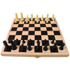 Side view of the portable folding wooden chess board, showcasing its compact design.