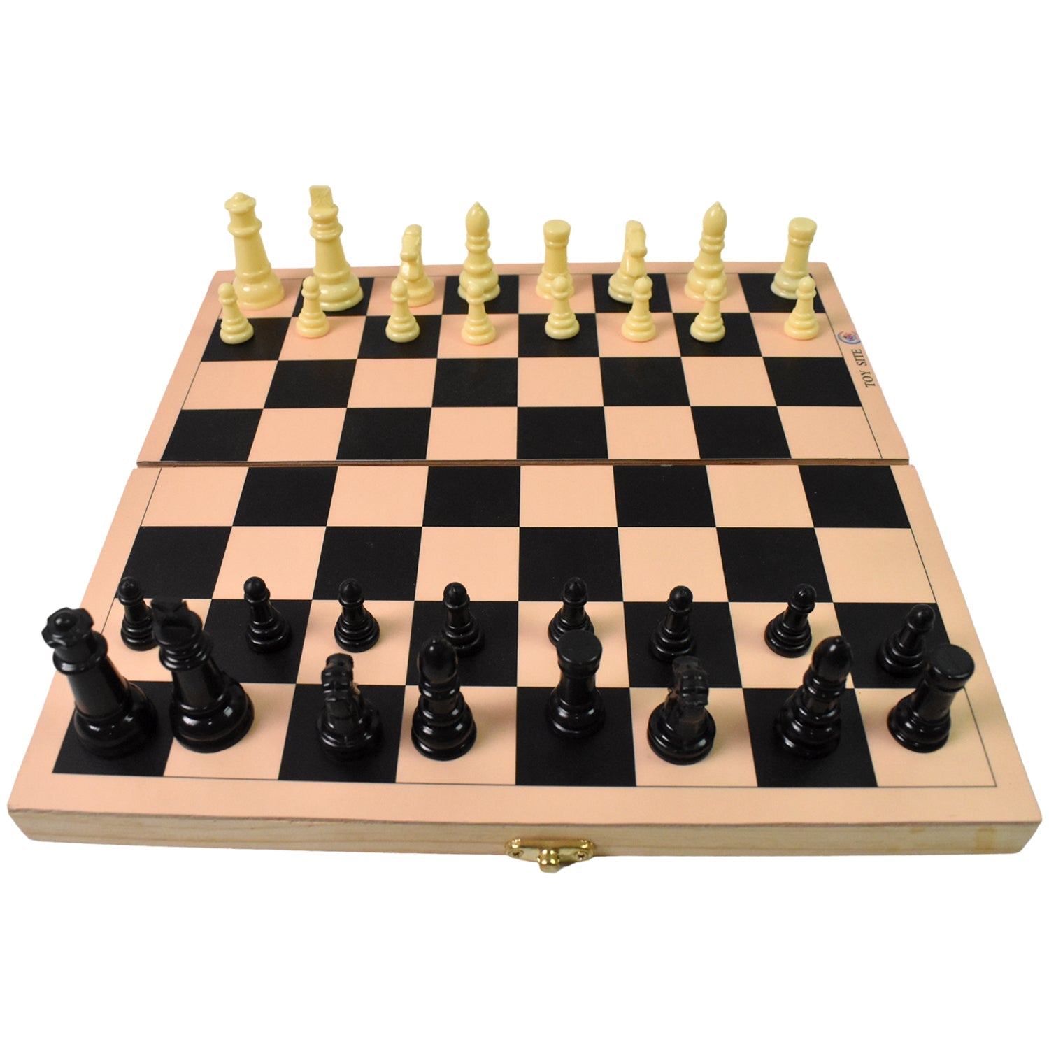 Side view of the portable folding wooden chess board, showcasing its compact design.