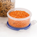 Set of three round airtight food storage containers with transparent bodies and blue leakproof lids.